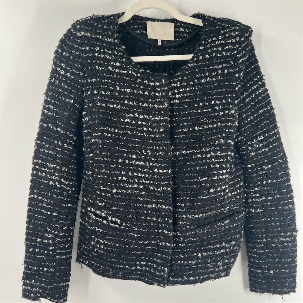 IRO Molly Women's Wool Blend Tweed Jacket Black Grey Frayed Open Front Size 3